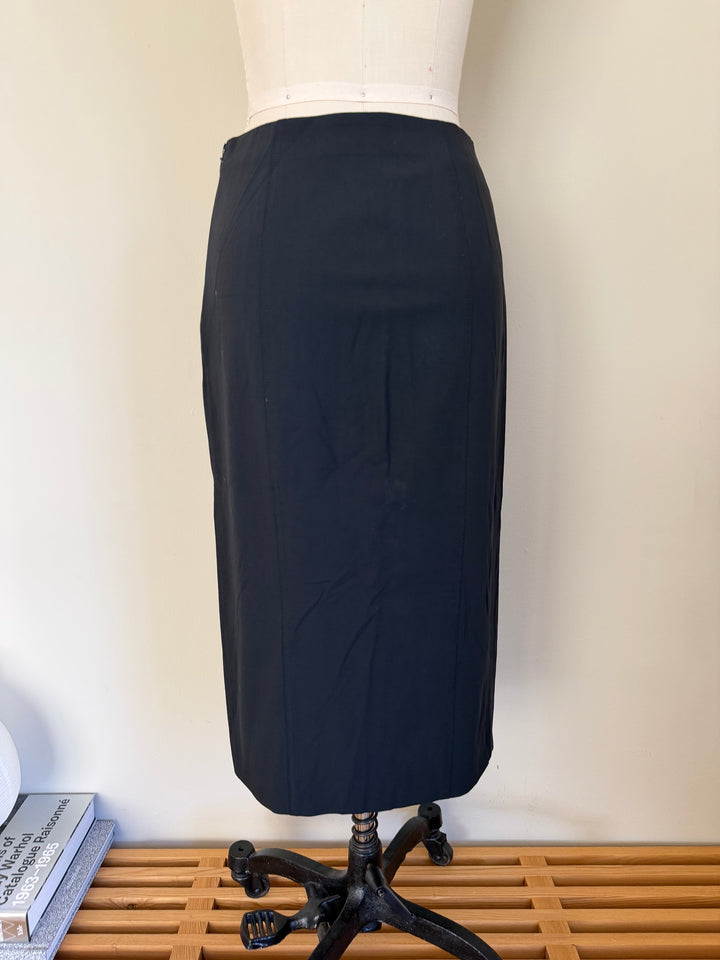 Christian Dior Boutique Black Wool Midi Pencil Skirt Side Slit Made in France FR 38