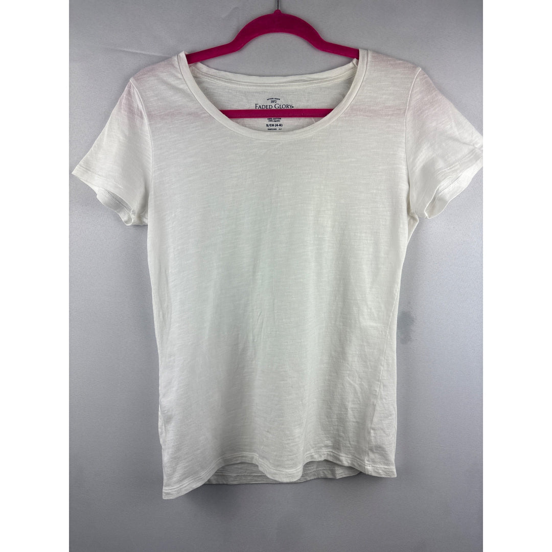 Faded Glory Womens Short Sleeve White T-Shirt S 4-6 100% Cotton