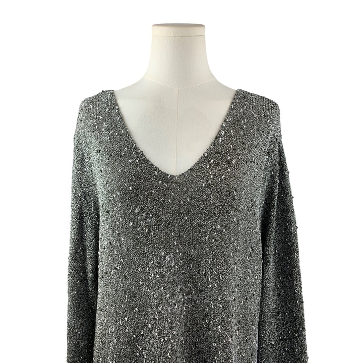 Additions By Chicos V-Neck Silver Sweater Size 3 Polyester & Rayon Blend Made