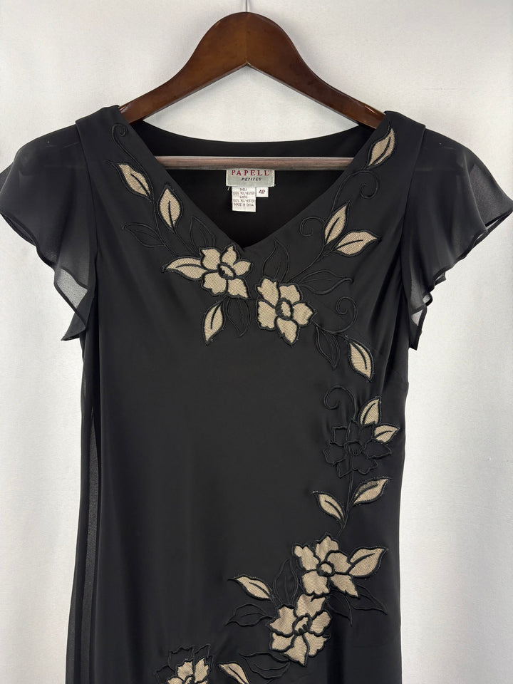 Women’s Papell Size 4P Black Chiffon Dress w/ Floral Embroidery