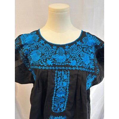 Women’s Handmade Black Shirt with Blue Embroidery, No Size Tags Read Description