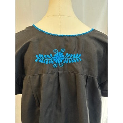 Women’s Handmade Black Shirt with Blue Embroidery, No Size Tags Read Description