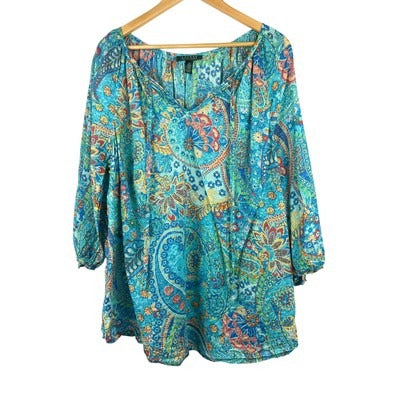 Lauren Ralph Lauren Womens 2X Floral Paisley Boho Blouse 100% Cotton