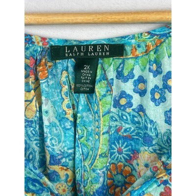 Lauren Ralph Lauren Womens 2X Floral Paisley Boho Blouse 100% Cotton
