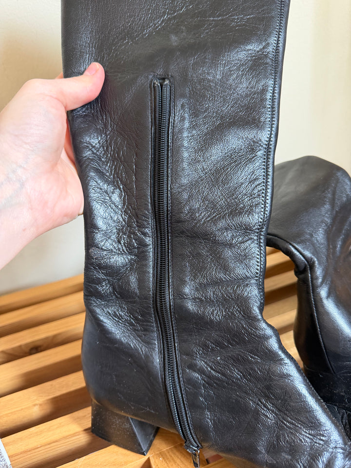 Vintage Miu Miu Black Leather Square Toe Knee High Boots 37.5 Y2K