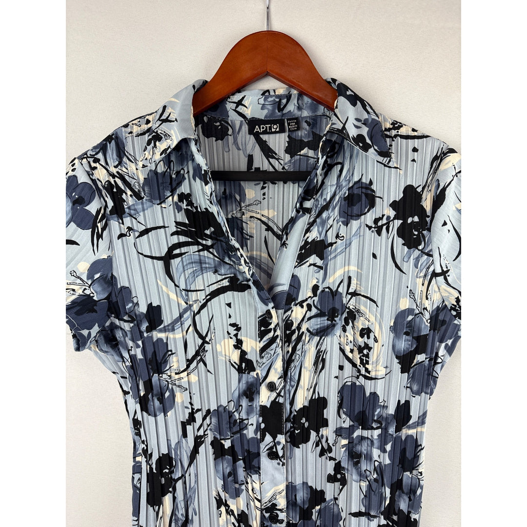 APT. 9 Size Petite Medium Blue Floral Button-Up Short Sleeve Blouse
