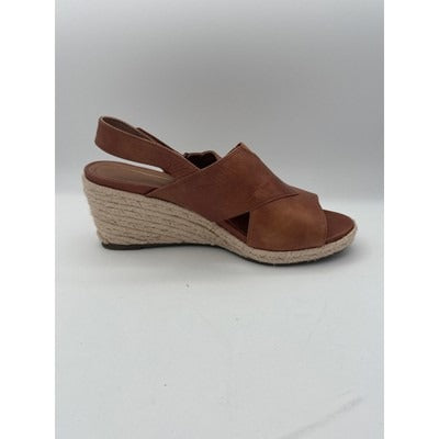 Vionic Womens Open-Toe Brown Leather Slingback Wedge Sandals Size 8M Espadrille Style