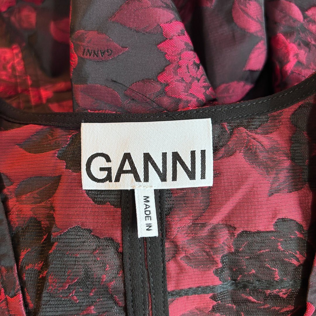 GANNI Dress 36 US Small Botanical Print Jacquard Long Sleeve Minidress in High Risk Red Cocktail