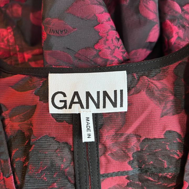 GANNI Dress 36 US Small Botanical Print Jacquard Long Sleeve Minidress in High Risk Red Cocktail