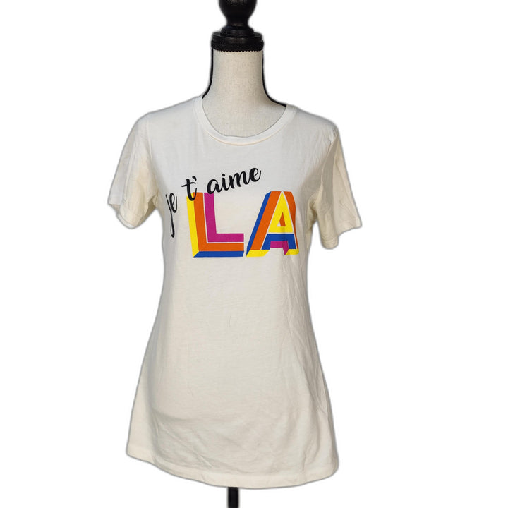 Patrick Graphic T-Shirt – "je t’aime LA" Multicolor Text – Women's Size M