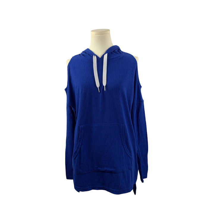 Warrior By Danica Patrick Blue Hooded Cold Shoulder Pullover Top With Kangaroo Pocket S