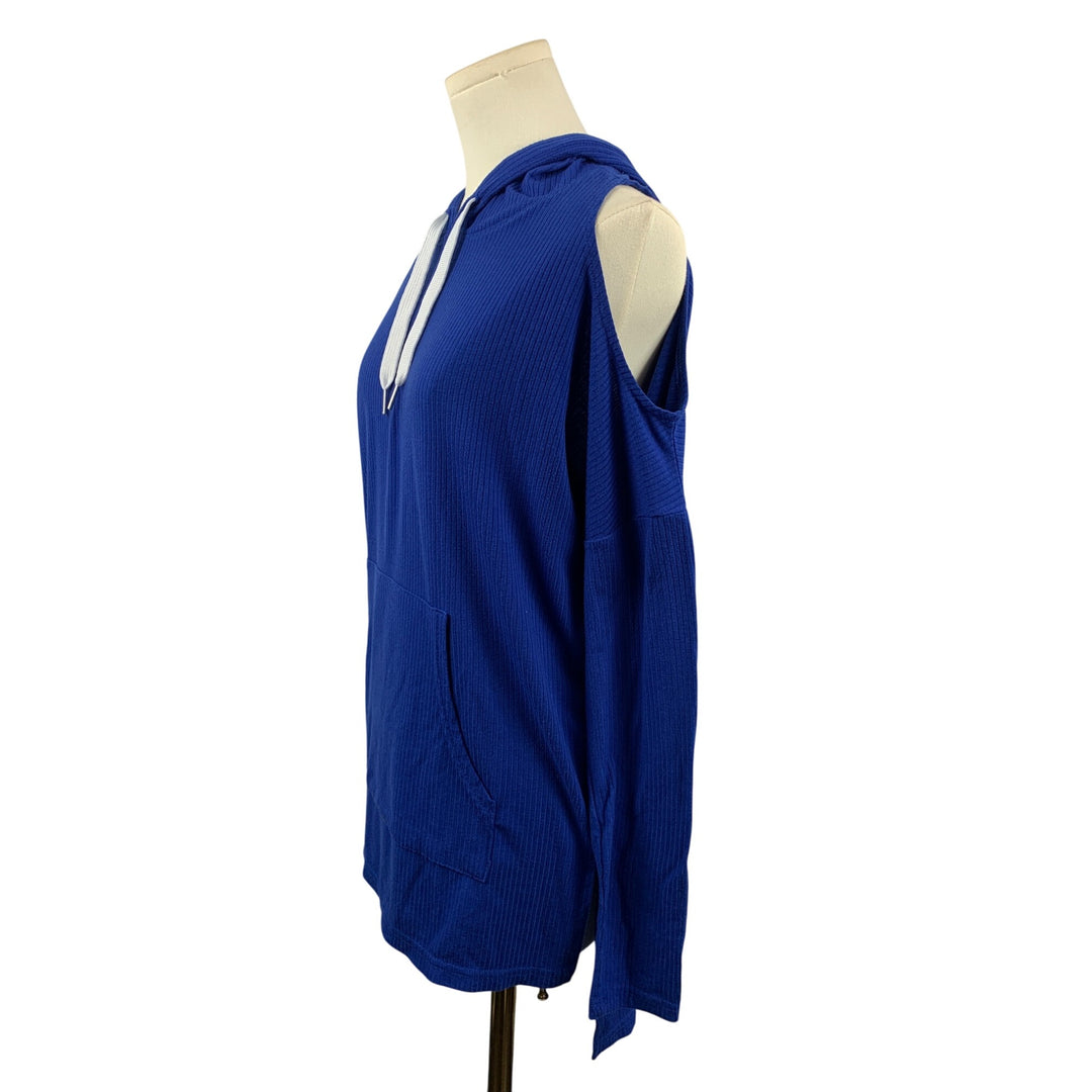 Warrior By Danica Patrick Blue Hooded Cold Shoulder Pullover Top With Kangaroo Pocket S