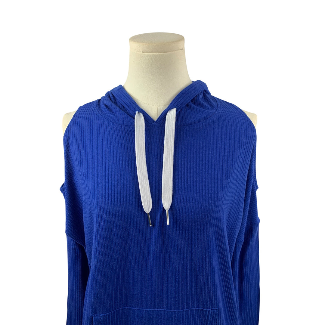Warrior By Danica Patrick Blue Hooded Cold Shoulder Pullover Top With Kangaroo Pocket S