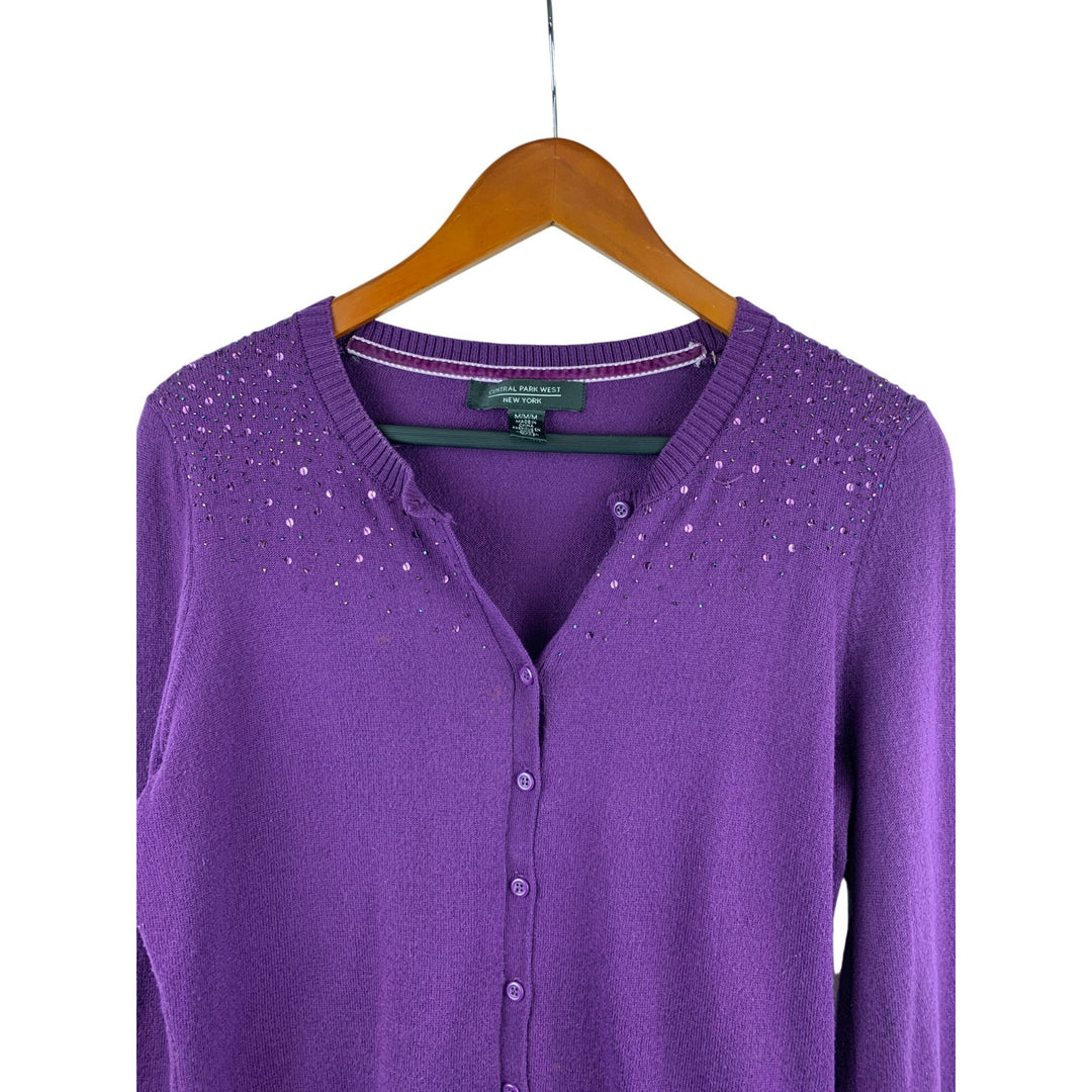 Central Park West Womens Purple Cardigan Sweater M With Sequin Detail