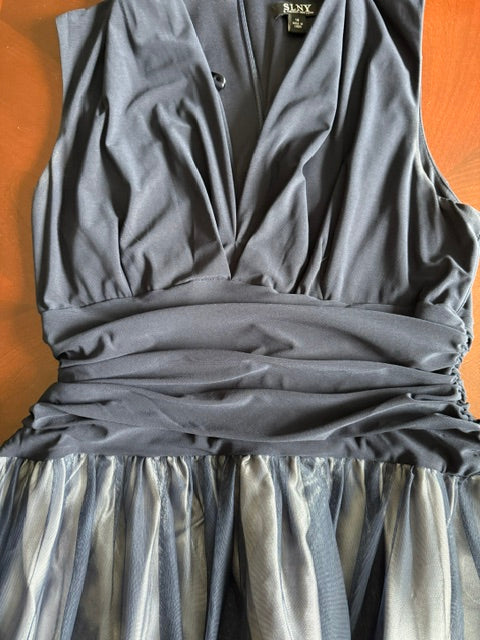 SLNY Fit &amp; Flare Navy Cocktail Dress Embroidered Tulle Skirt Sz14