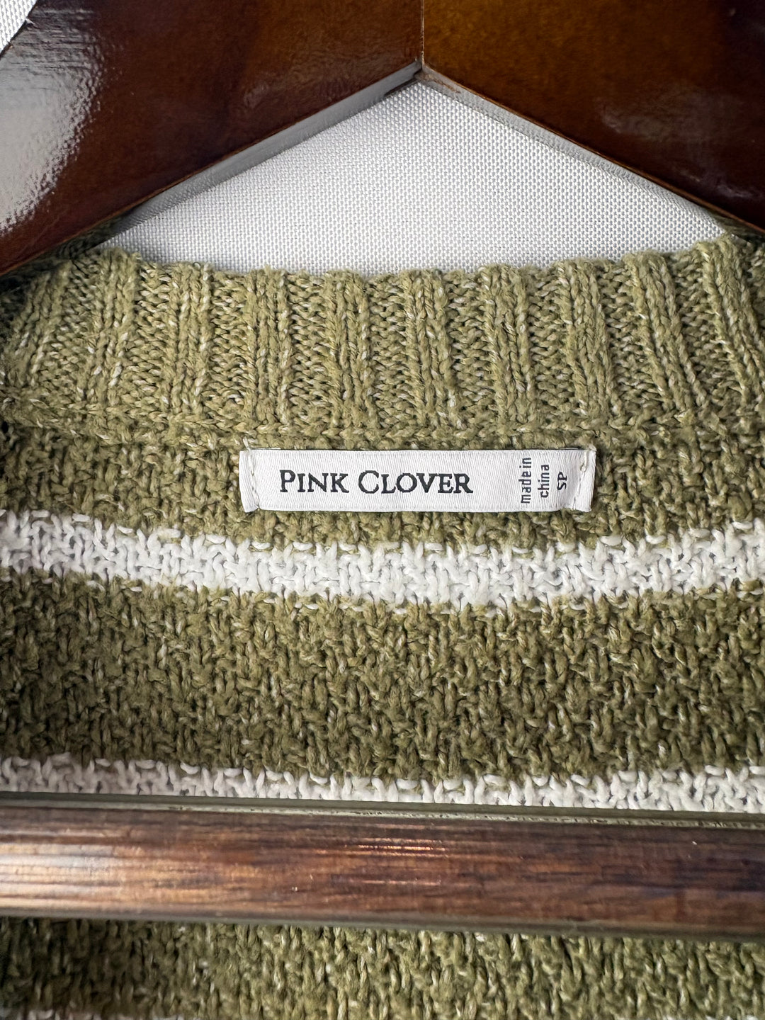 Women’s Pink Clover Small Olive Green w/ White Stripes Sweater