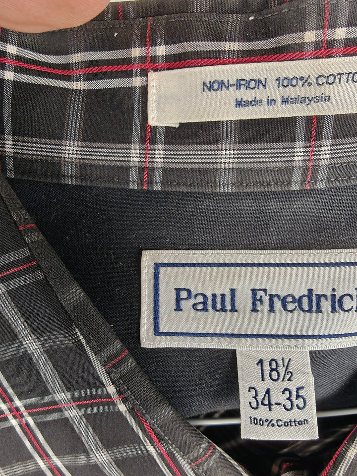 Paul Fredrick Men's 18.5 34-35 Black Red White Plaid Dress Shirt Non-Iron 100% Cotton