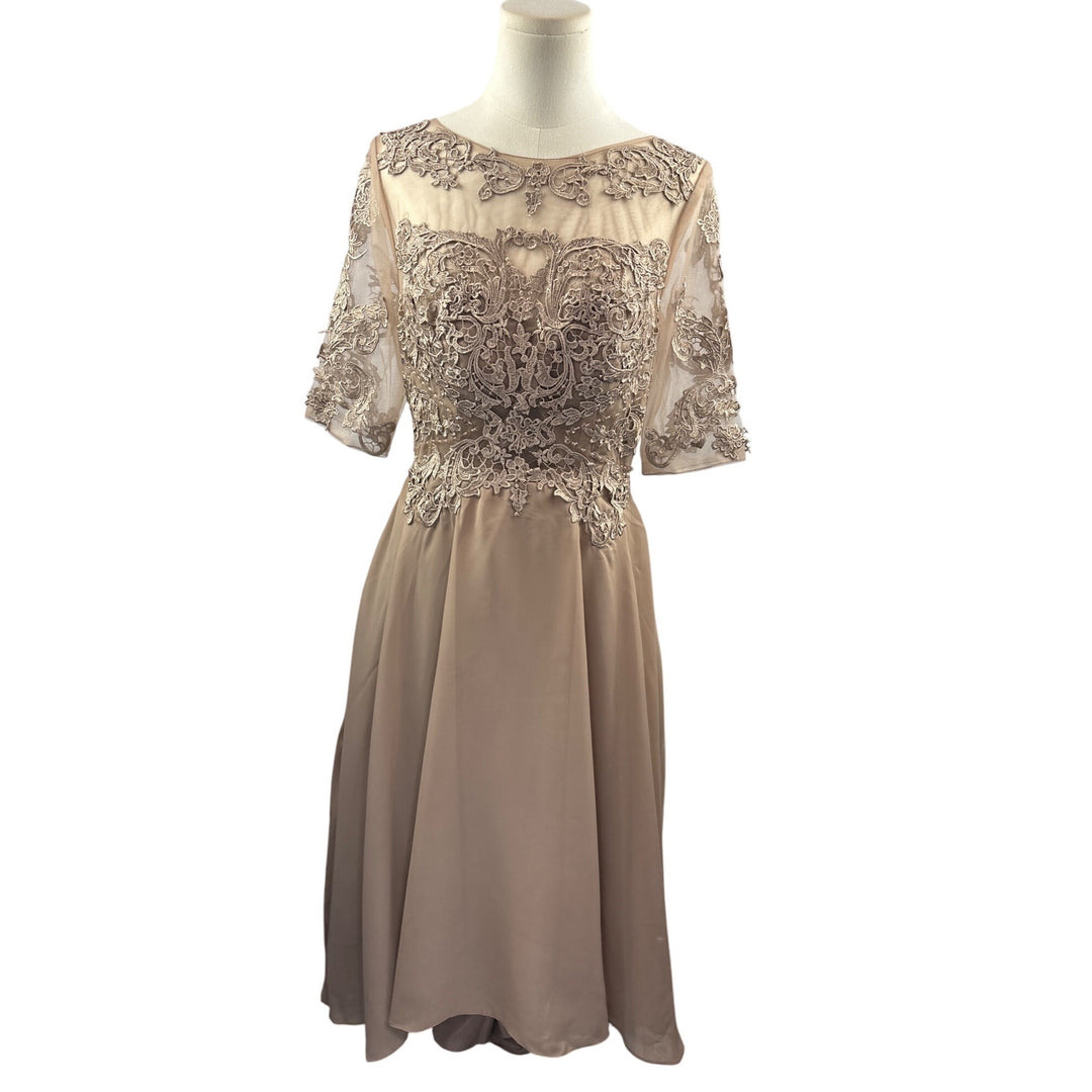 Elegant Lace Embroidered A-Line Dress With Sheer Sleeves & Corset Back