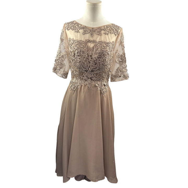 Elegant Lace Embroidered A-Line Dress With Sheer Sleeves & Corset Back