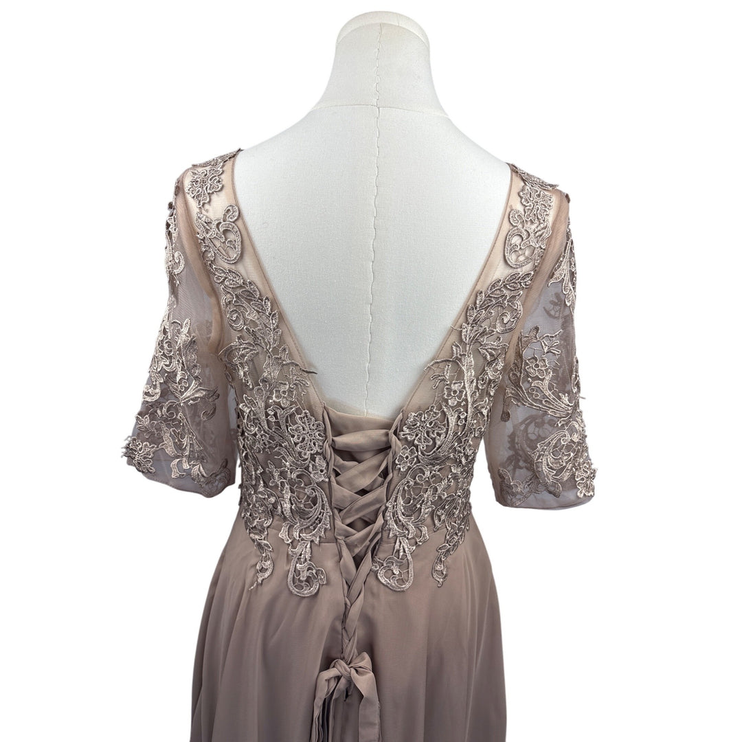 Elegant Lace Embroidered A-Line Dress With Sheer Sleeves & Corset Back