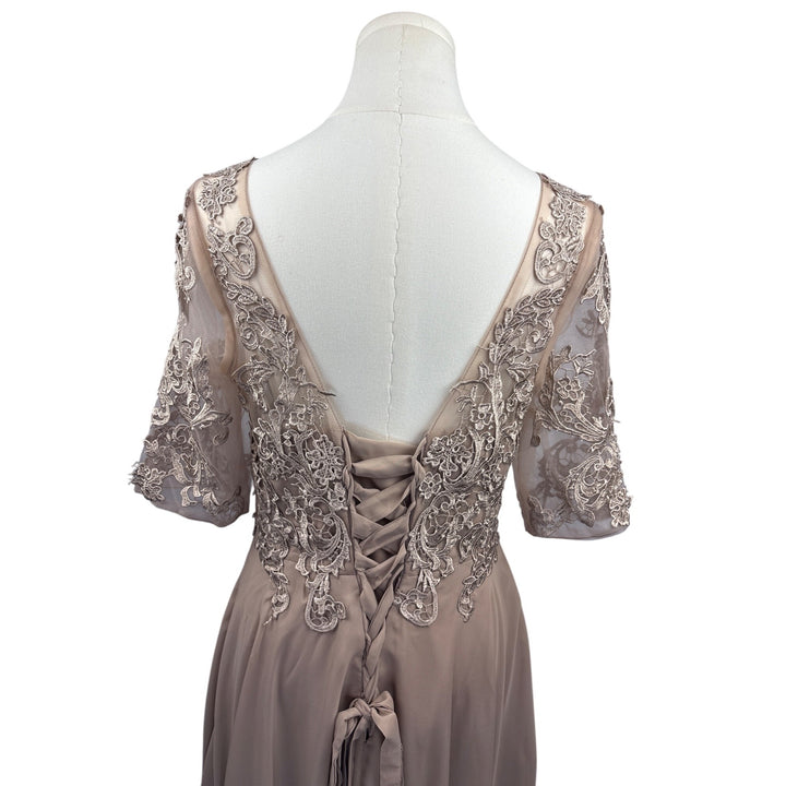 Elegant Lace Embroidered A-Line Dress With Sheer Sleeves & Corset Back