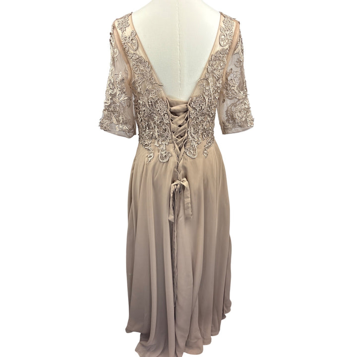 Elegant Lace Embroidered A-Line Dress With Sheer Sleeves & Corset Back