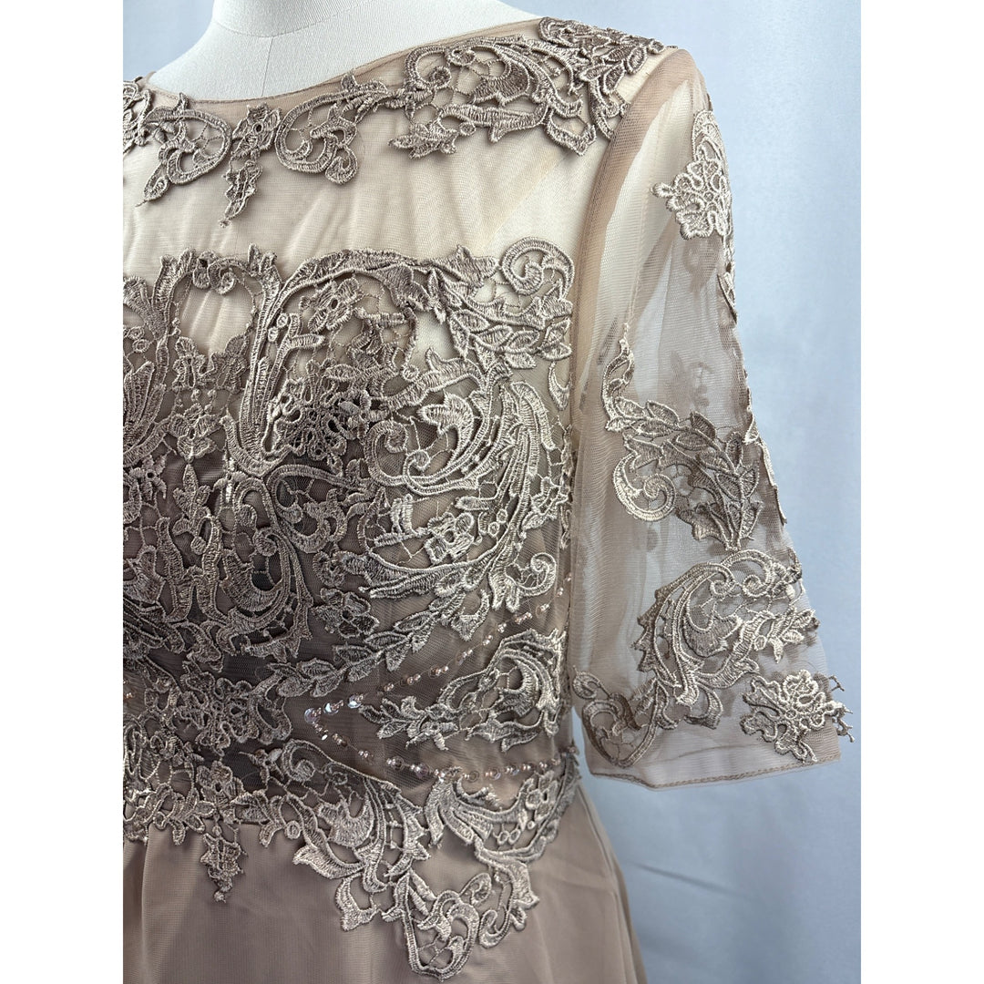 Elegant Lace Embroidered A-Line Dress With Sheer Sleeves & Corset Back