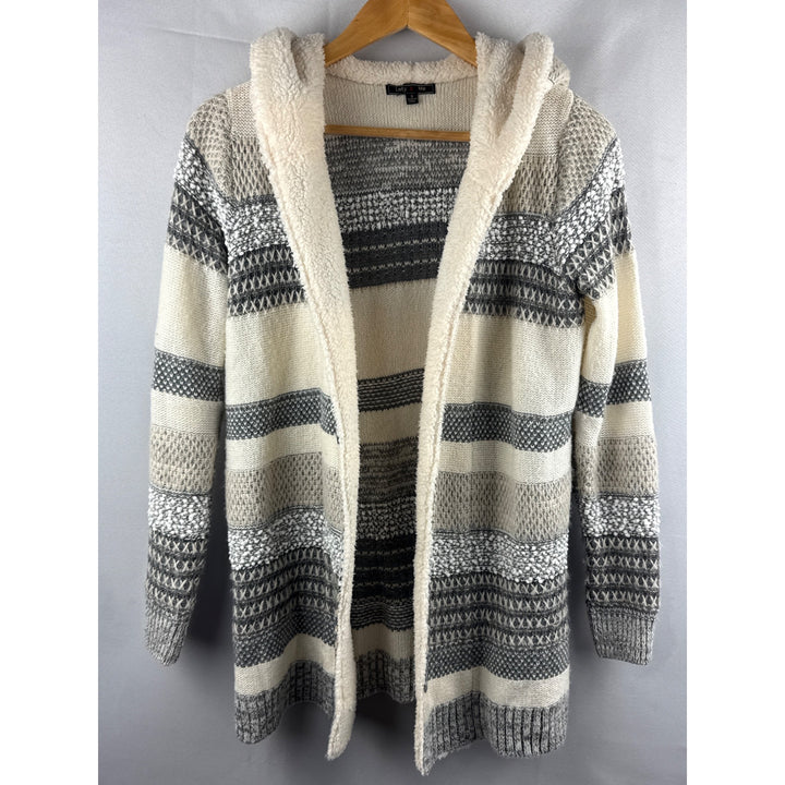 Lety & Me Womens Hooded Cardigan Sweater Size S Acrylic & Polyester Made In China Beige & Gray Stripe Pattern