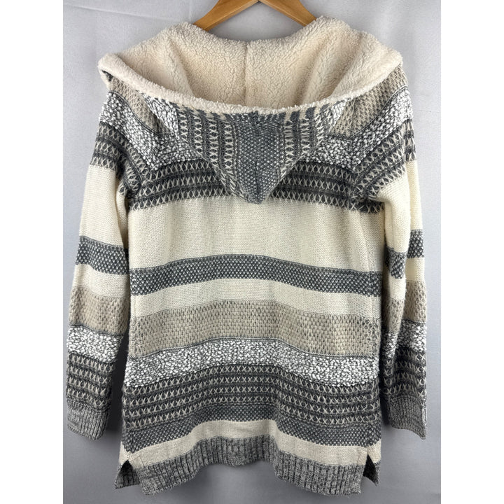 Lety & Me Womens Hooded Cardigan Sweater Size S Acrylic & Polyester Made In China Beige & Gray Stripe Pattern