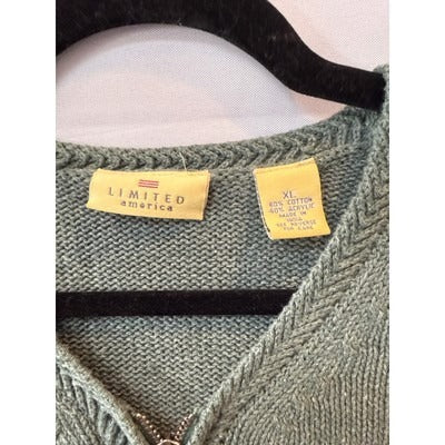 Limited America XL Sage Green Cotton/Polyester Knit Zip-Up Cardigan Sweater