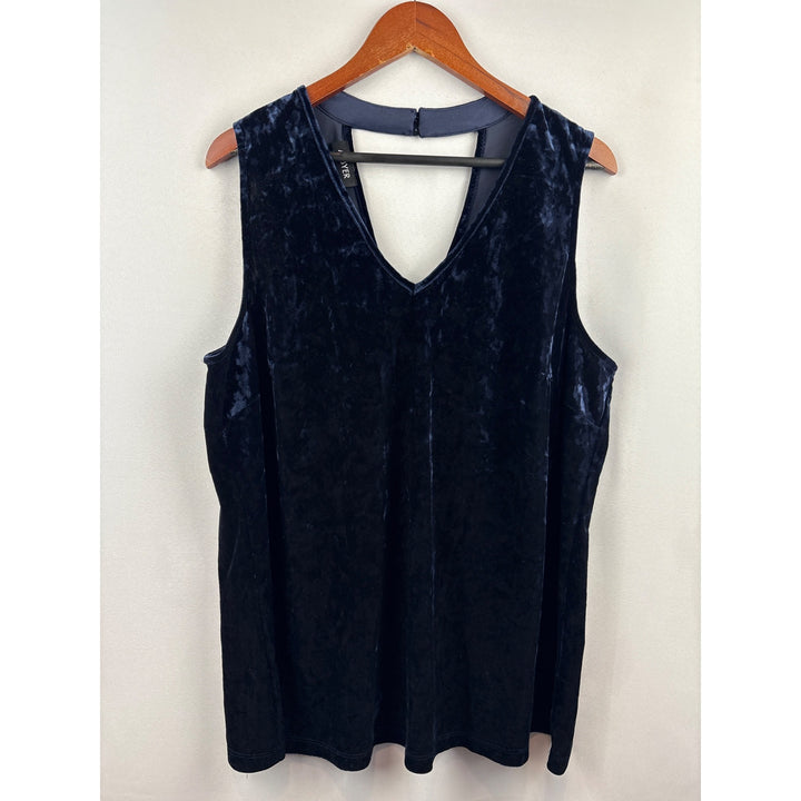 Women’s A.Byer Size 2X Dark Blue Velvet V-Neck Sleeveless Blouse with Keyhole Opening