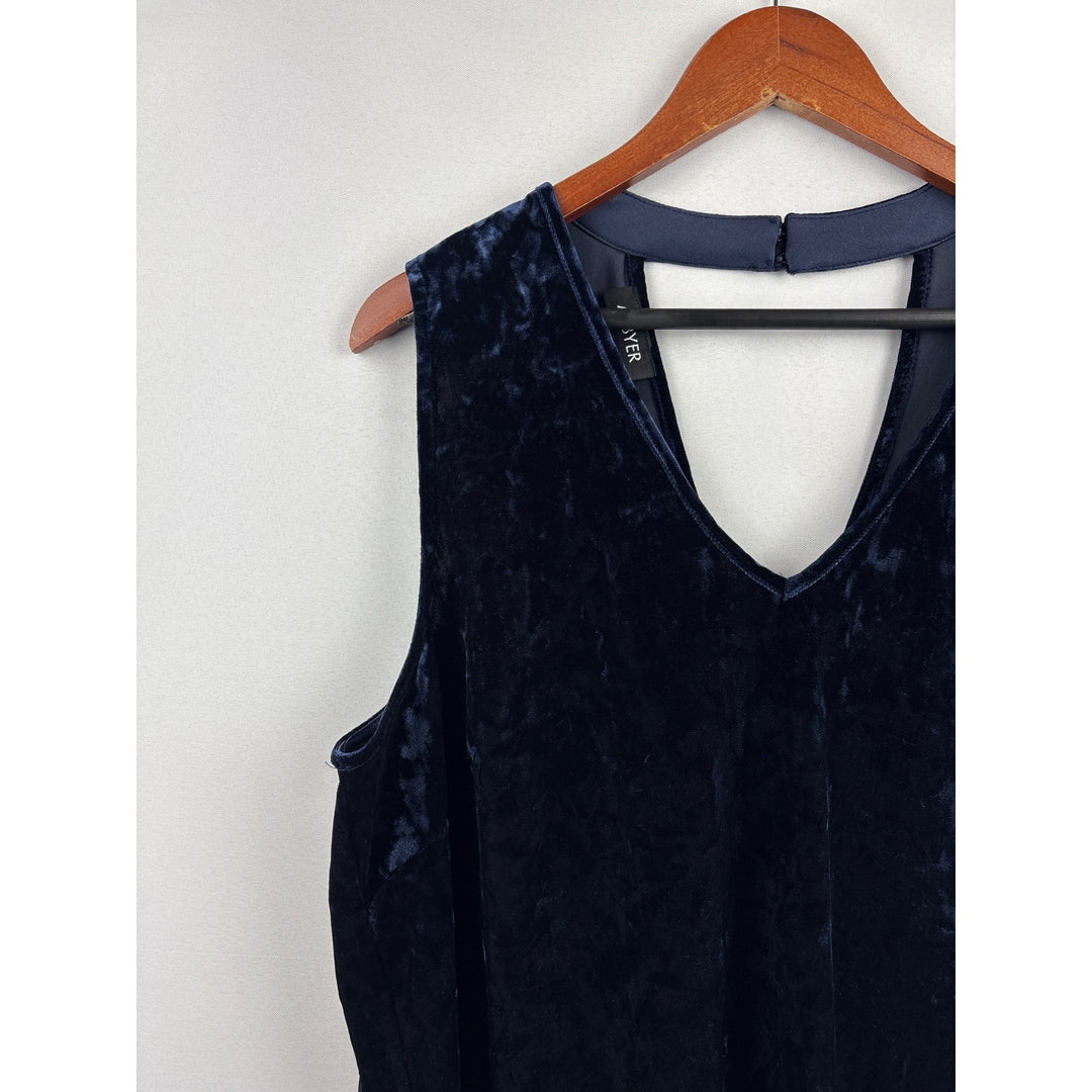 Women’s A.Byer Size 2X Dark Blue Velvet V-Neck Sleeveless Blouse with Keyhole Opening