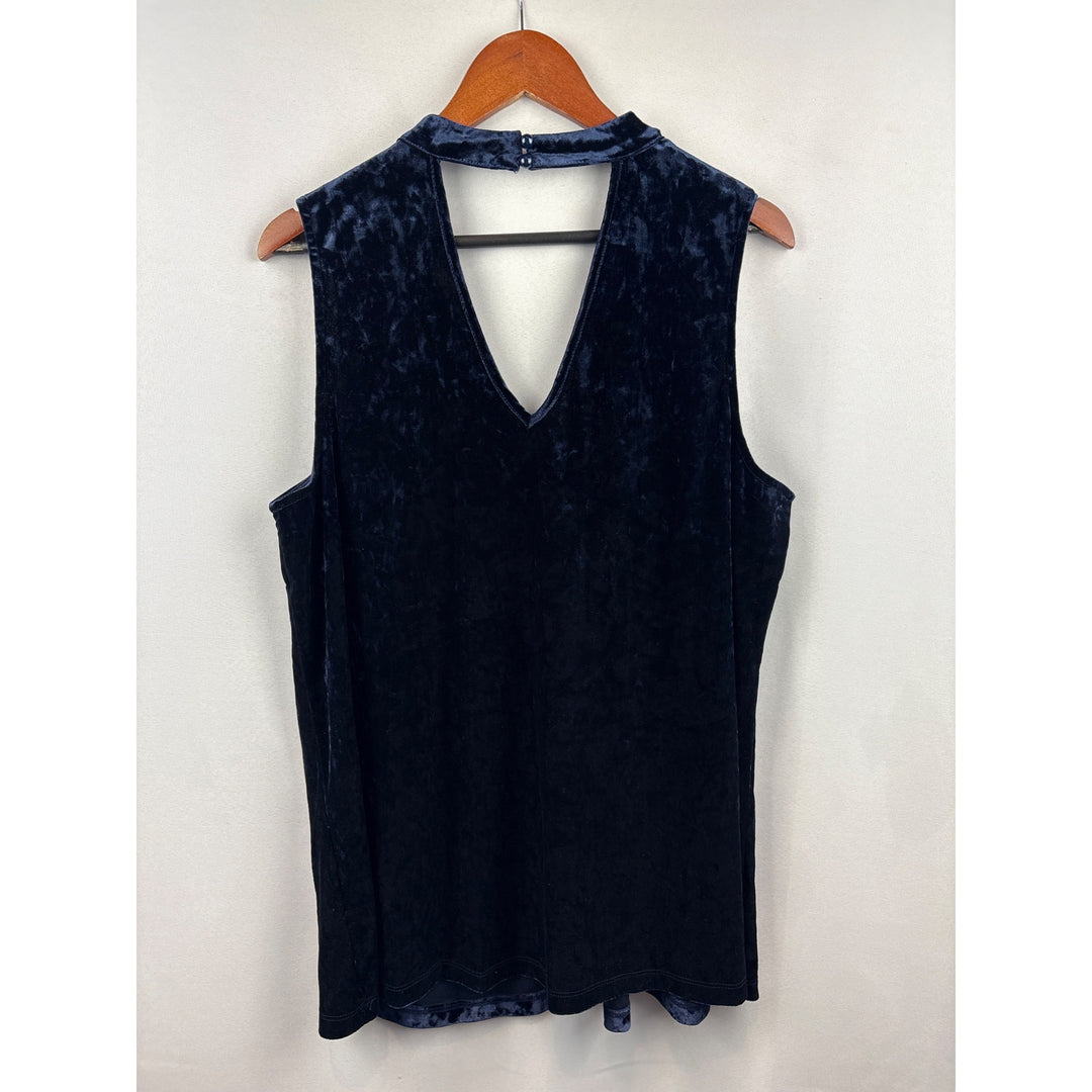 Women’s A.Byer Size 2X Dark Blue Velvet V-Neck Sleeveless Blouse with Keyhole Opening