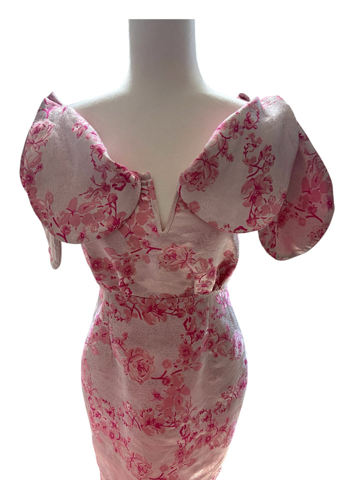PrettyLittleThing Pink V-Bar Jacquard Expressive Sleeves Mini Bodycon Dress, Size 4