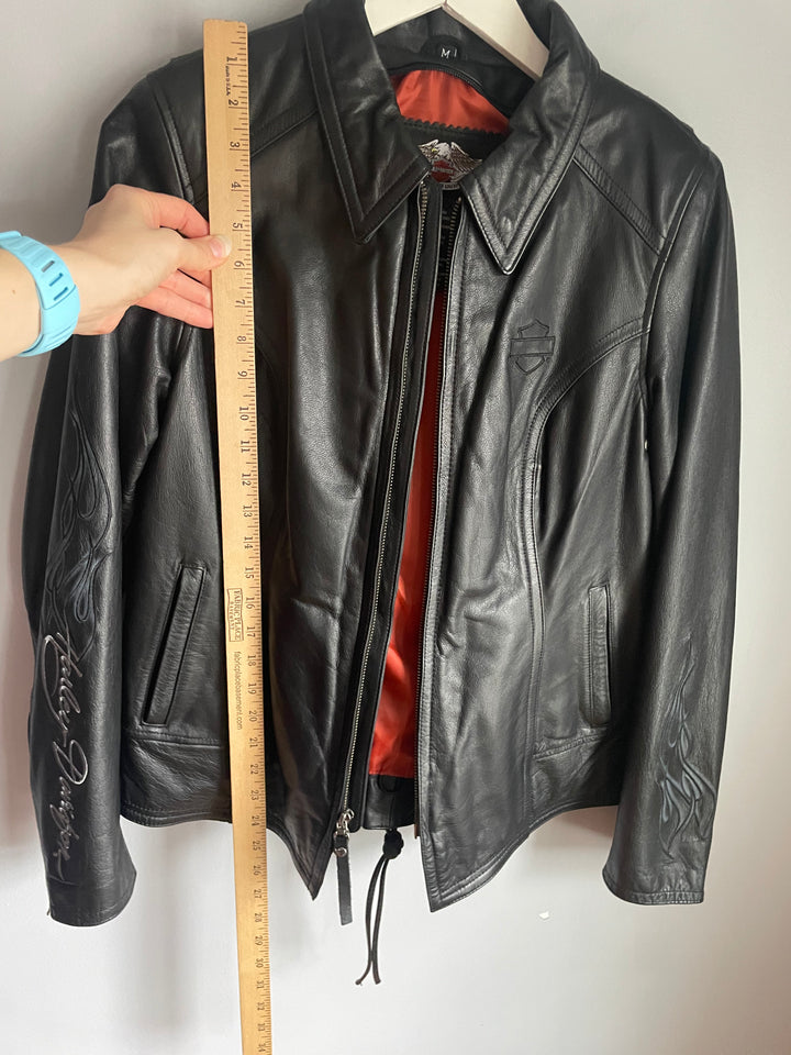 Harley Davidson Womens Black Leather Jacket Flame Embroidery Zip Front Sz M