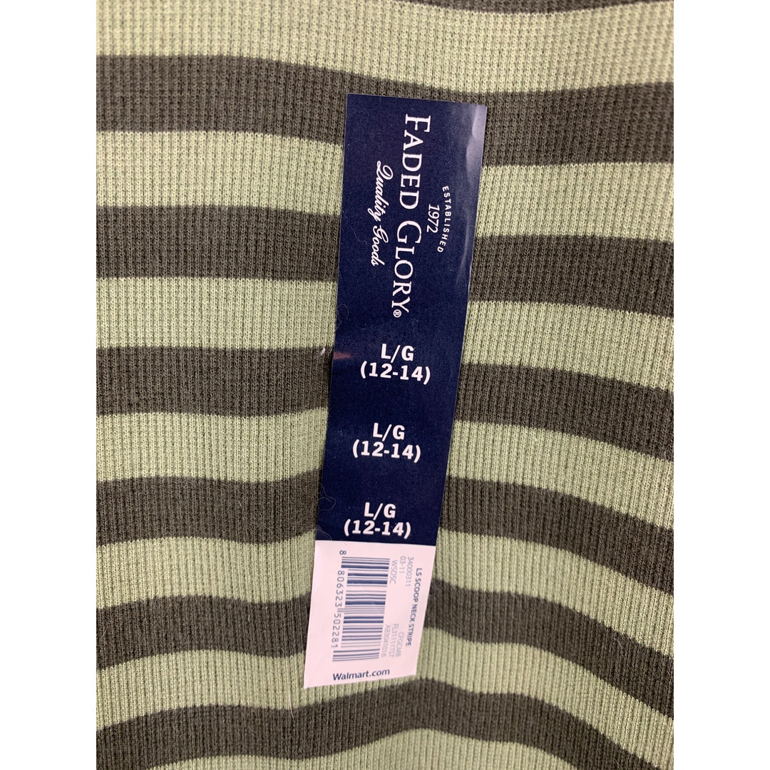 Faded Glory Girls Striped Long Sleeve Shirt L/G (12-14) Cotton & Spandex Green