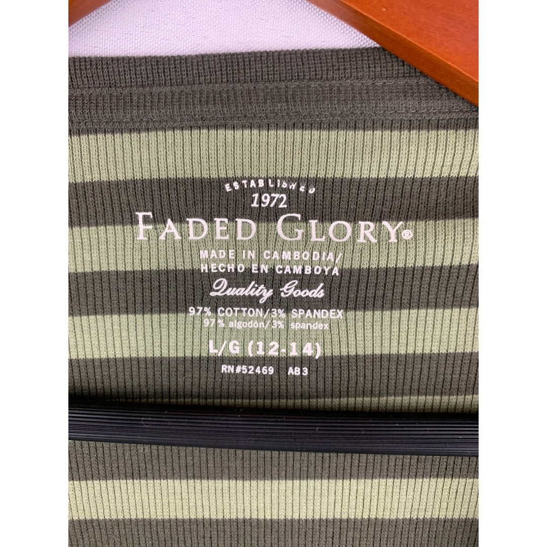 Faded Glory Girls Striped Long Sleeve Shirt L/G (12-14) Cotton & Spandex Green