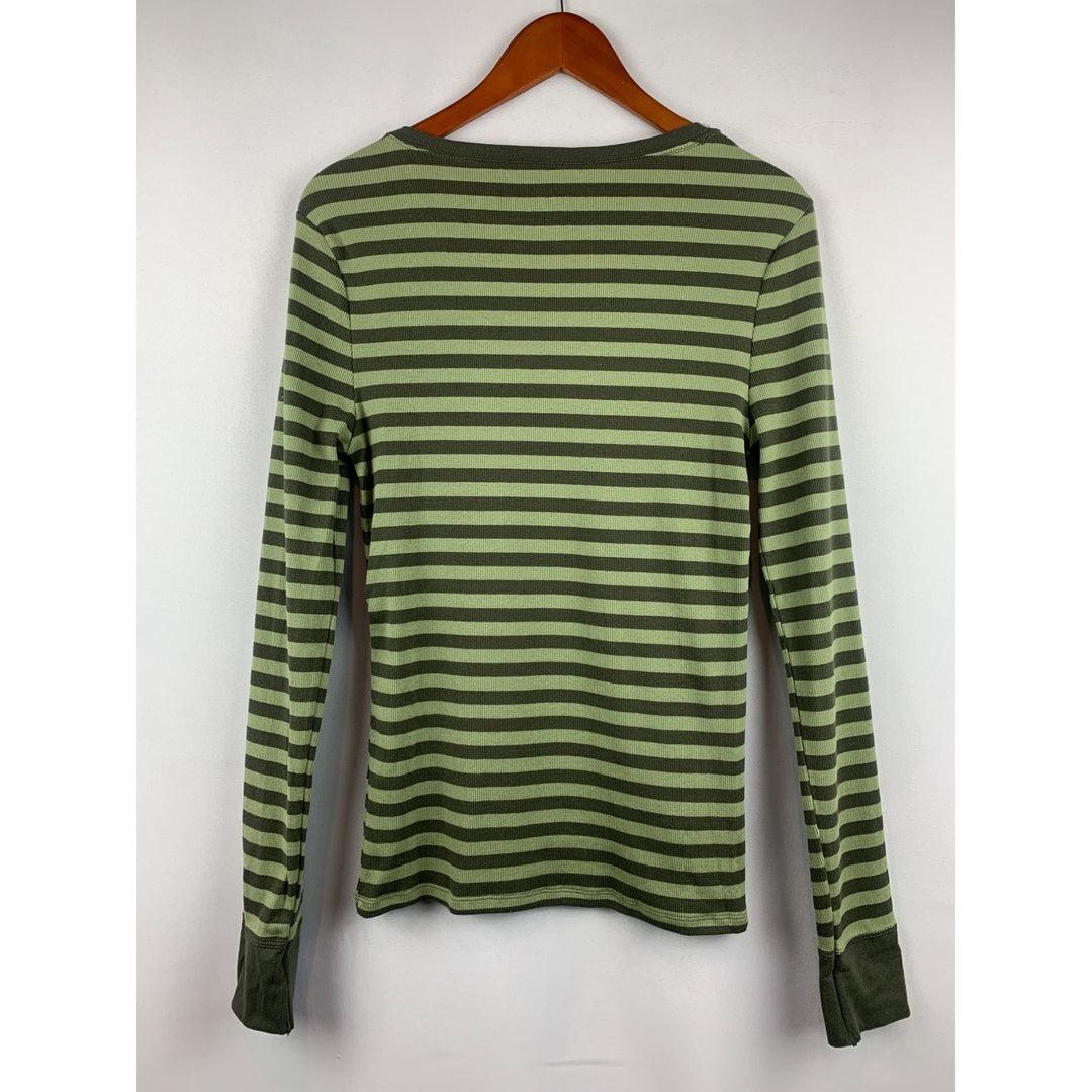 Faded Glory Girls Striped Long Sleeve Shirt L/G (12-14) Cotton & Spandex Green