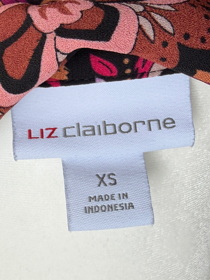 Liz Claiborne Women's Black & Pink Paisley Floral Long Sleeve Blouse, Size XS