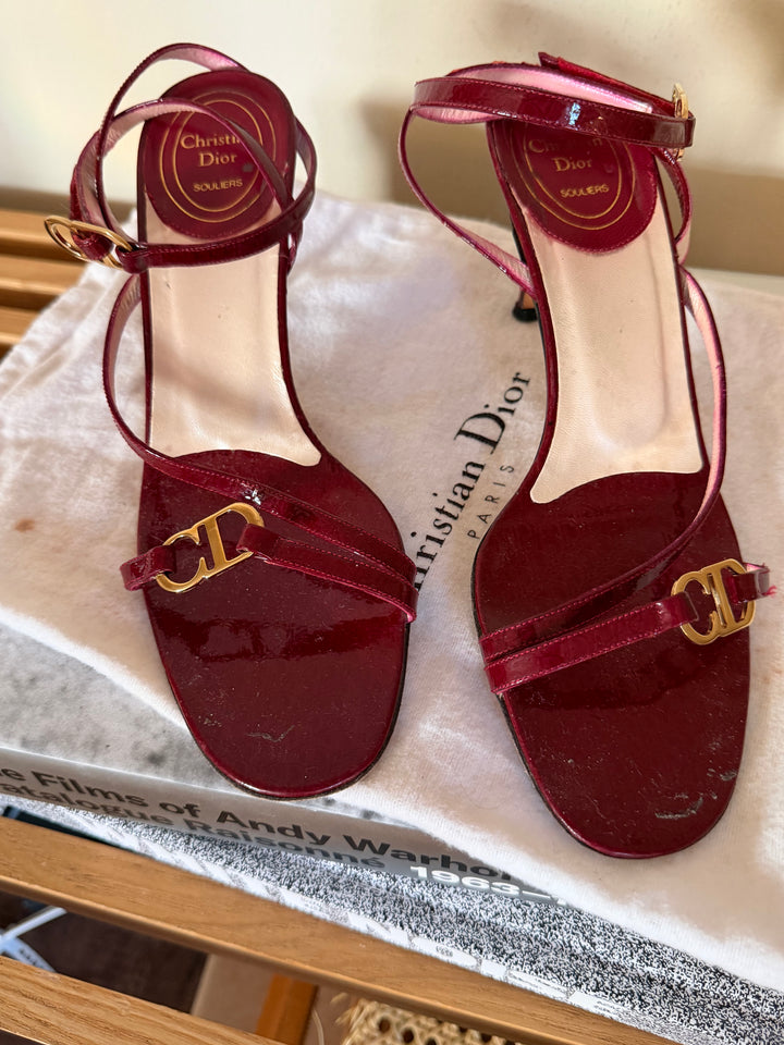 Christian Dior Burgundy Patent Leather CD Logo Ankle Strap Sandals Heels EU 38