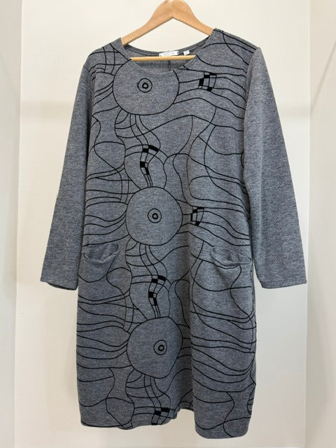 Vasna Gray Knit Dress Abstract Print Made in Italy SzL