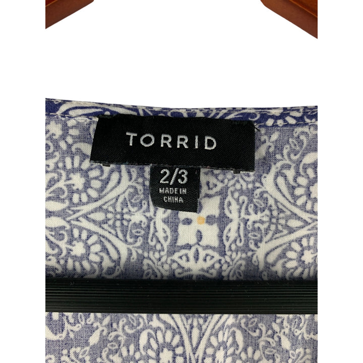 Torrid Womens Kimono Cardigan 2/3 Boho Chic Rayon Blue & White Floral Pattern