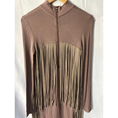 Hot and Delicious Long Brown Dress With Suede fringe on arms and back size L