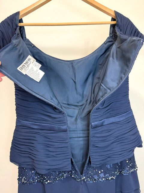 Daymor Couture Formal Gown Navy Ruched Bodice &amp; Beaded Tiered Skirt Sz8 Retail $2000+