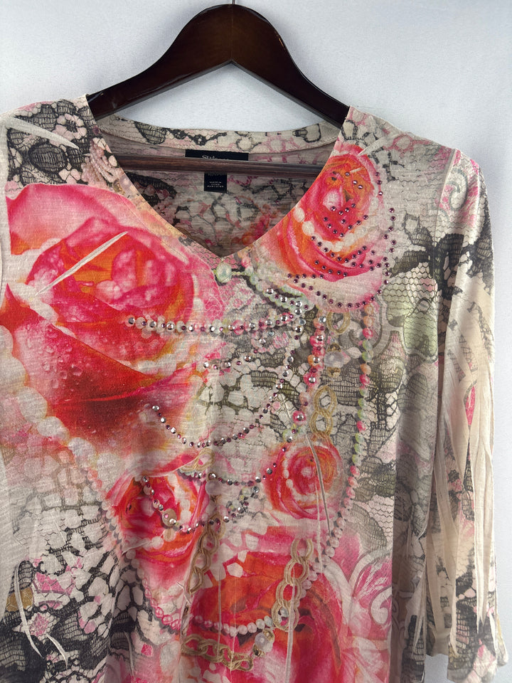 Women’s Style&amp;Co Large Beige &amp; Pink Floral Bedazzled Blouse