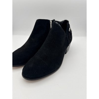 Vince Camuto Womens Black Ankle Boots 9.5W Faux Leather Almond Toe Inner Side Zipper Stacked Heel