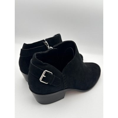 Vince Camuto Womens Black Ankle Boots 9.5W Faux Leather Almond Toe Inner Side Zipper Stacked Heel