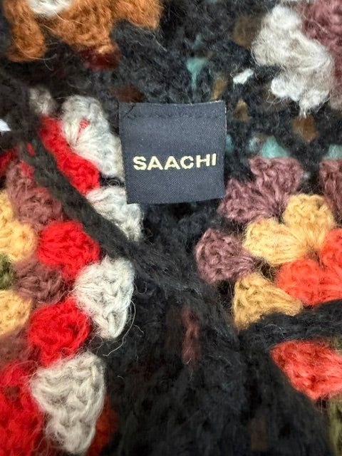 Anthropologie SAACHI Boho Hooded Granny Square Crochet Kimono Black Handmade