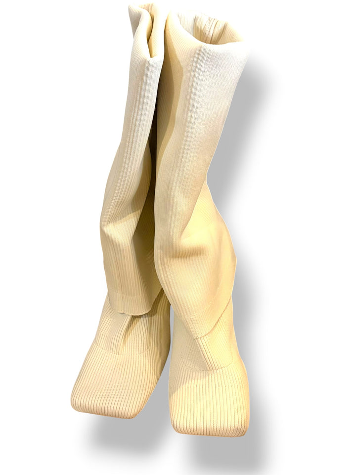 Cream Ribbed Knit Thigh High Boots Square Toe Stiletto Heel Size 9