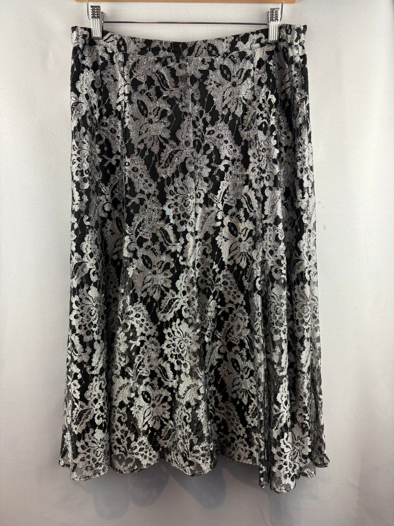Women’s Chico’s Size 12 Black w/ Silver Florals Midi Skirt